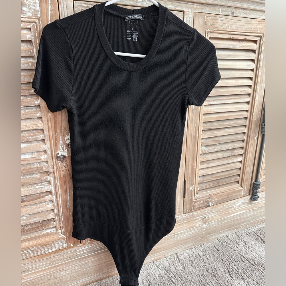 Olympia Theodora Black Ribbed Short Sleeve Bodysuit (Size Small)